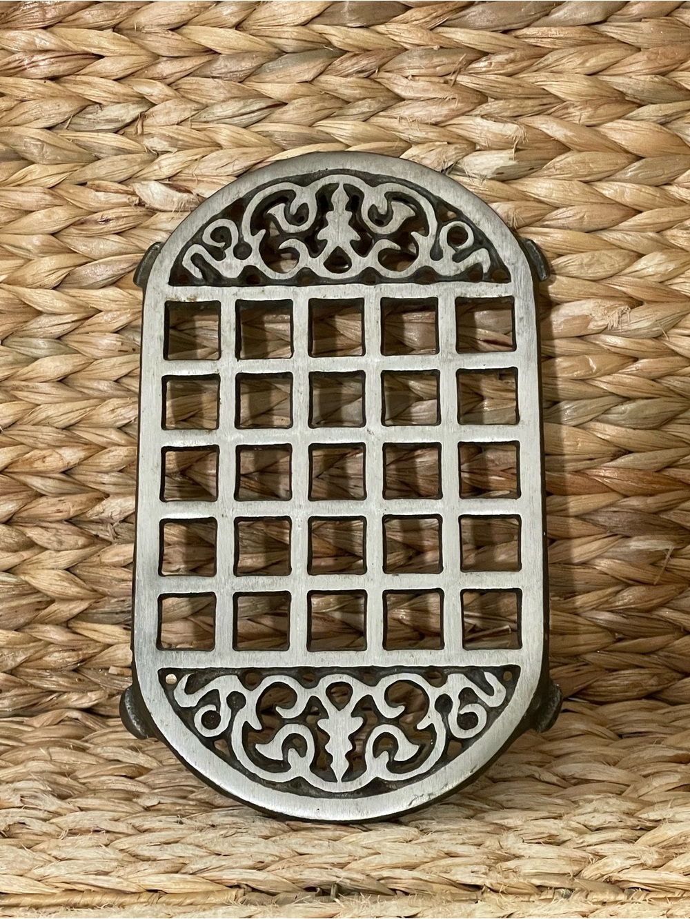 Vintage Cast Iron Trivet Ornate Design Open Scroll Detail 9 1/2”